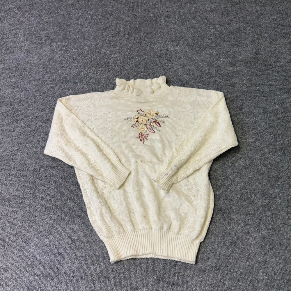 Bay Point Threads Sweater Womens Size M Cream Floral Embroidered Ruffle Neck